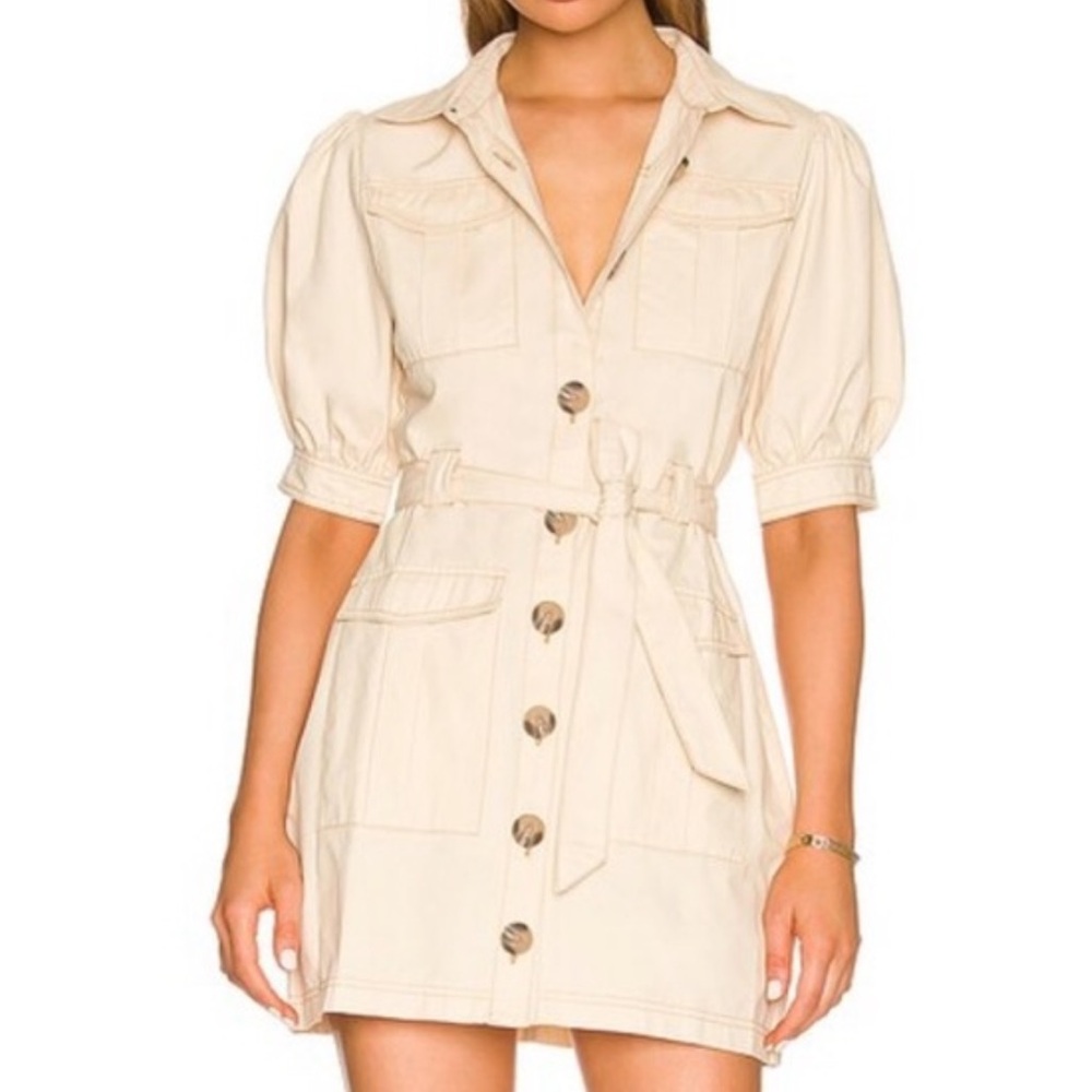 MinkPink Cream Button-Down Belted Dress